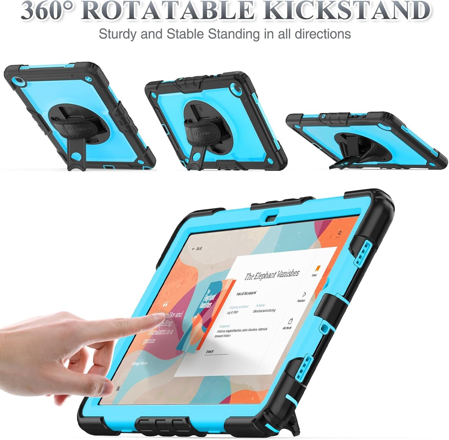 SEYMAC stock Case for Samsung Galaxy Tab A9+ Plus 11'', Full-Body Drop Protection Case with Screen Protector Pencil Holder [360° Rotating Hand Strap] &Stand, SkyBlue+Black