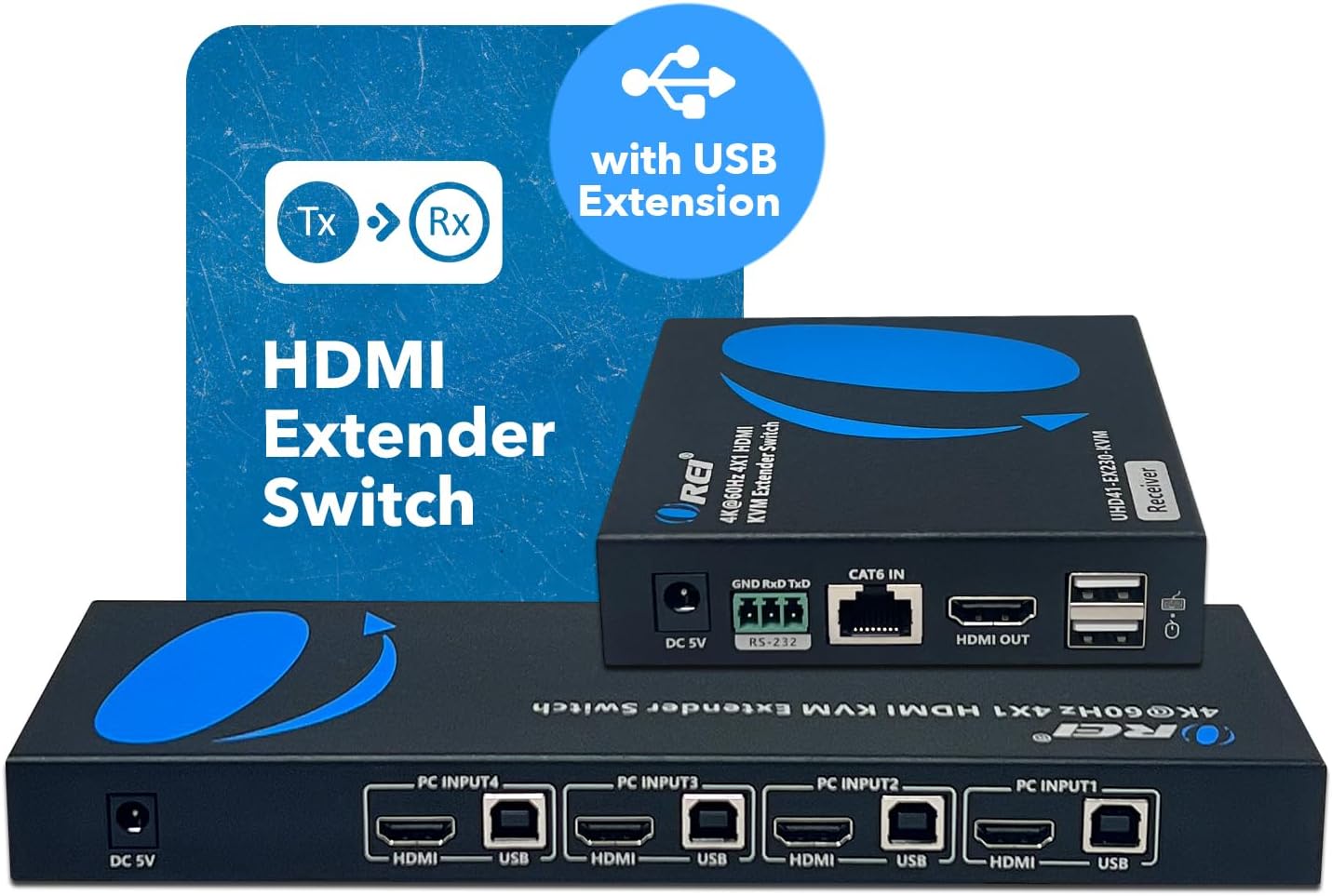 OREI 4x1 KVM 4K HDMI Over Ethernet Extender Switcher Balun Over CAT6/7 Cable 4K@60Hz Upto 230 Feet - 2 USB 1.1 Ports, Supports Keyboard and Mouse USB