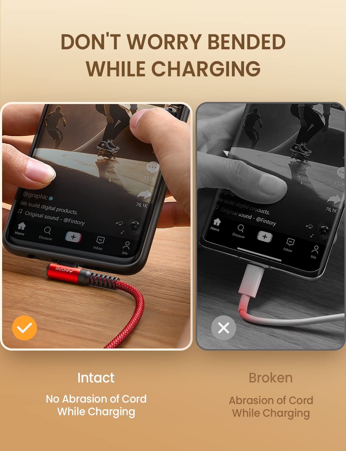 AINOPE USB Type C Cable [2-Pack, 6.6ft] 3.1A USB Fast Charge Cable Right Angle，Resistant Nylon Braided USB C Charging Cable Compatible with Galaxy S10 S9 S8 Plus S21, Note 10 9 8, V20