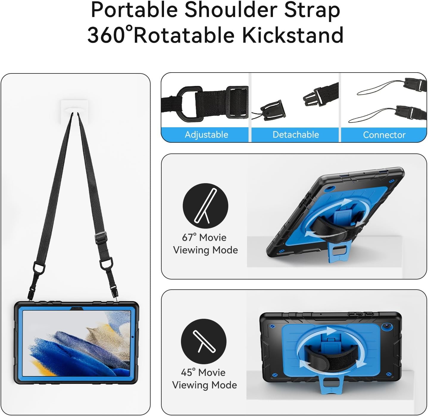 for Samsung Galaxy Tablet A8 Case 10.5 inch 2022 SM-X200/X205/X207 with Screen Protector [360 Rotating Stand] &Hand Shoulder Strap Shockproof Rugged Protective Cover|Black&Blue