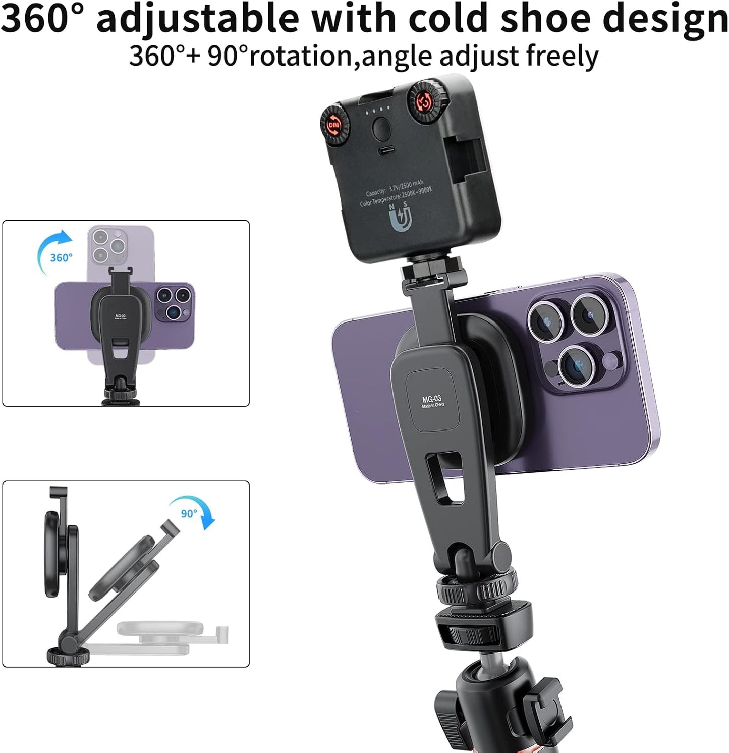 VRIG MG-03 Magnetic Phone Tripod Mount,Tripod Mount for Magsafe w Cold Shoe for iPhone 17.16.15.14.13.12 Series,Magnetic Ring Compatible with All Phones & All Cases,360° Rotation,for Tripods,Cameras