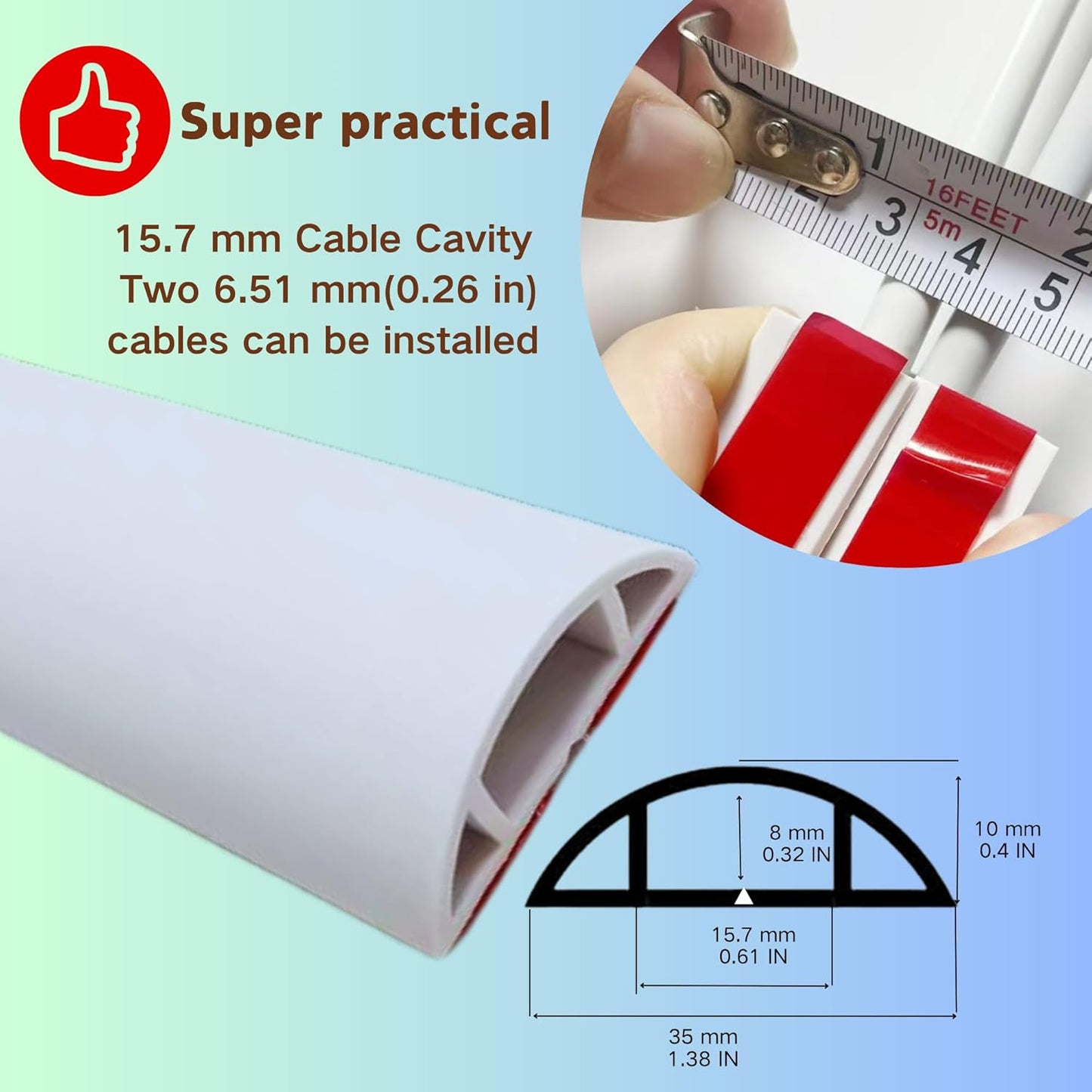 10ft Self Adhesive Floor Cord Cover, Cable Cavity:0.61" (W) x 0.32" (H), Heavy Duty Soft PVC Cable Protector and Extension Cord Hider,Cord Management System to Hide Wires on Floor, White