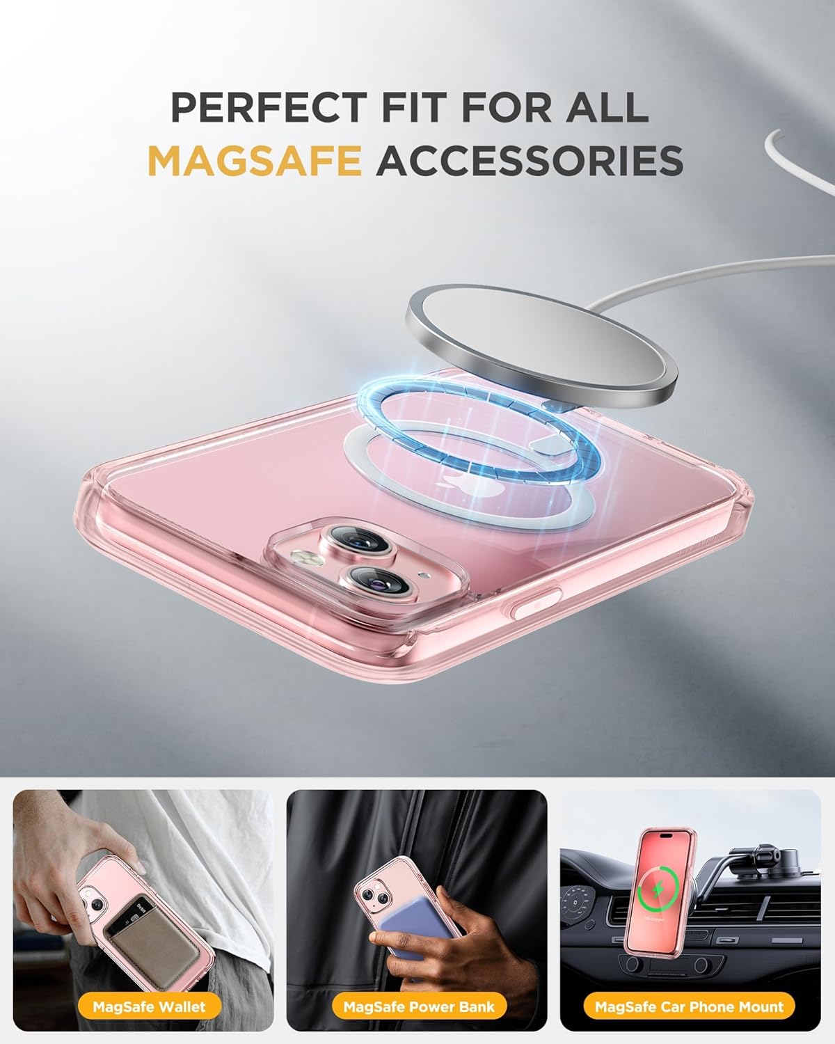 Miracase Glass Series for iPhone 15 Case [Compatible with MagSafe] Full-Body Magnetic Case with Built-in 9H Tempered Glass Anti-Fingerprint Screen Protector + Camera Lens Protector, Clear Pink