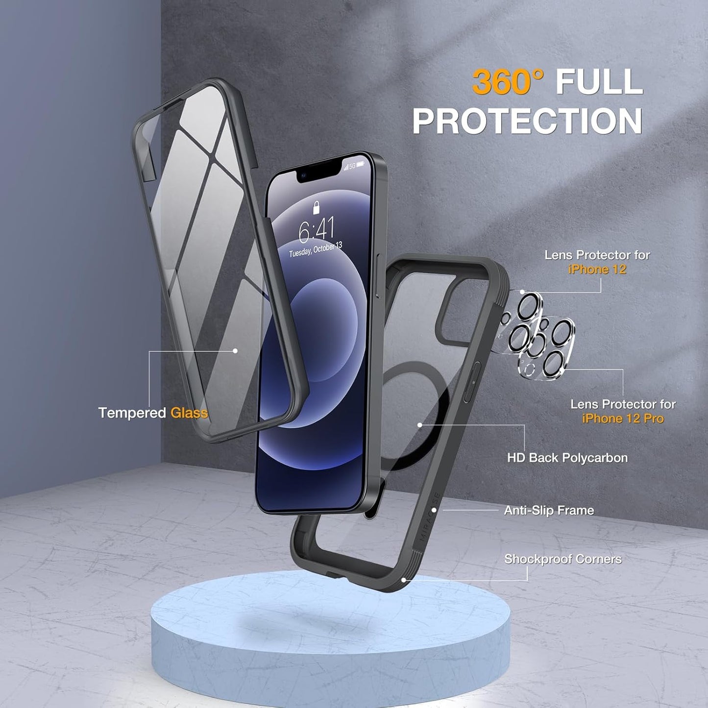 Miracase Magnetic for iPhone 12/12 Pro Case 6.1 inch, (Compatible with MagSafe) Upgrade Full-Body Clear Phone Bumper Case with Built-in 9H Tempered Glass Screen Protector, Magnetic Classic Black