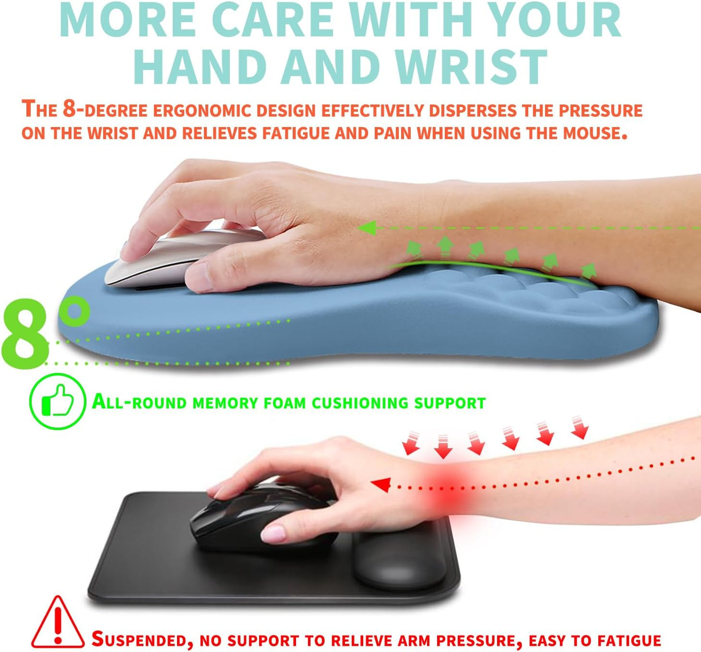 Ergonomic Mouse Pad Wrist Support with Memory Foam Massage Bulge, Carpal Tunnel Pain Relief Mousepad Wrist Rest for Mouse(12x8 inch, Lake Blue)