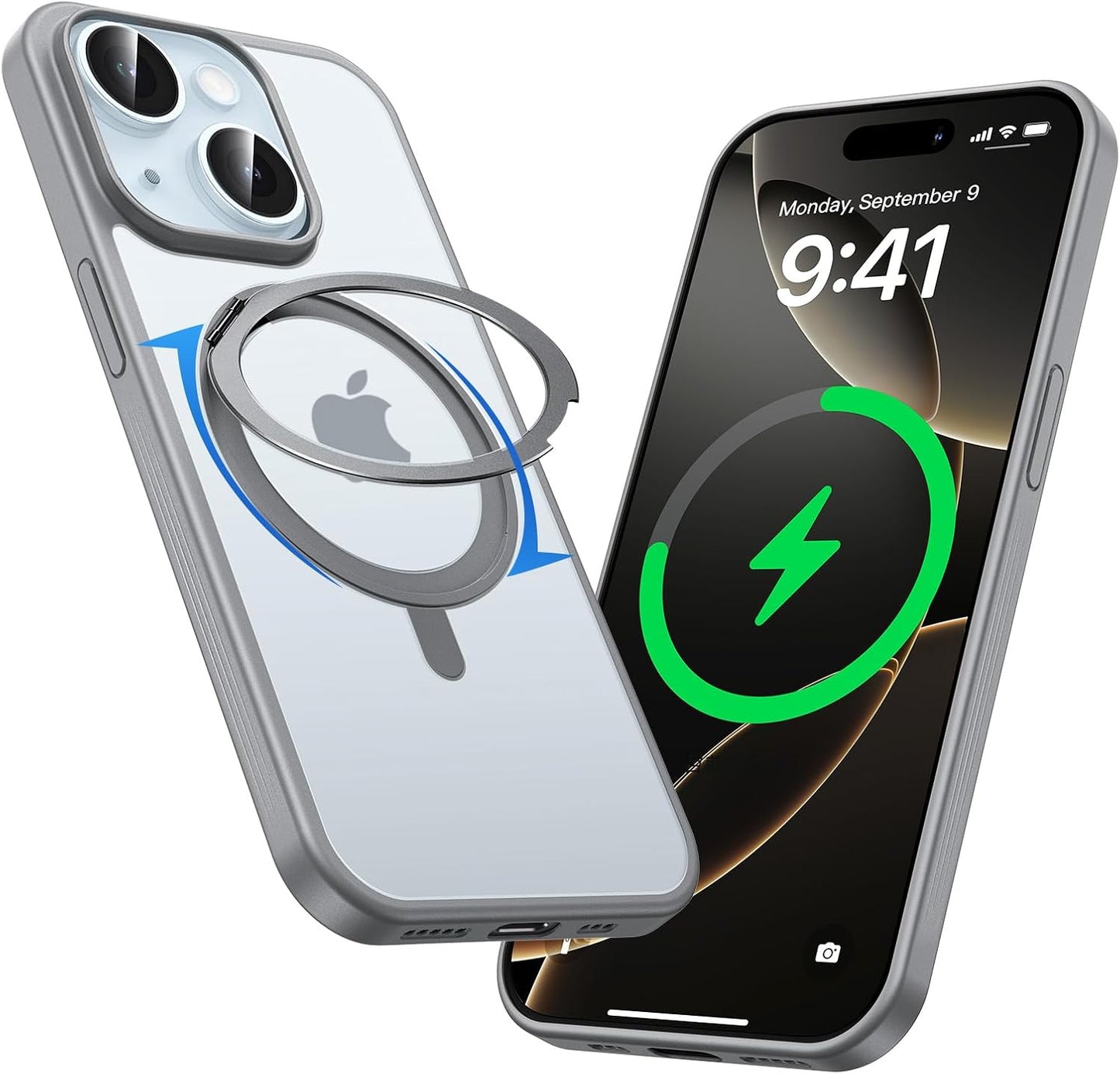 MAGIC JOHN 360° Rotatable Magnetic Invisible Stand for iPhone 15 Case [Anti-Slip Grip] [Compatible with MagSafe] 16FT Shockproof for iPhone 15 Case with Kickstand, Black