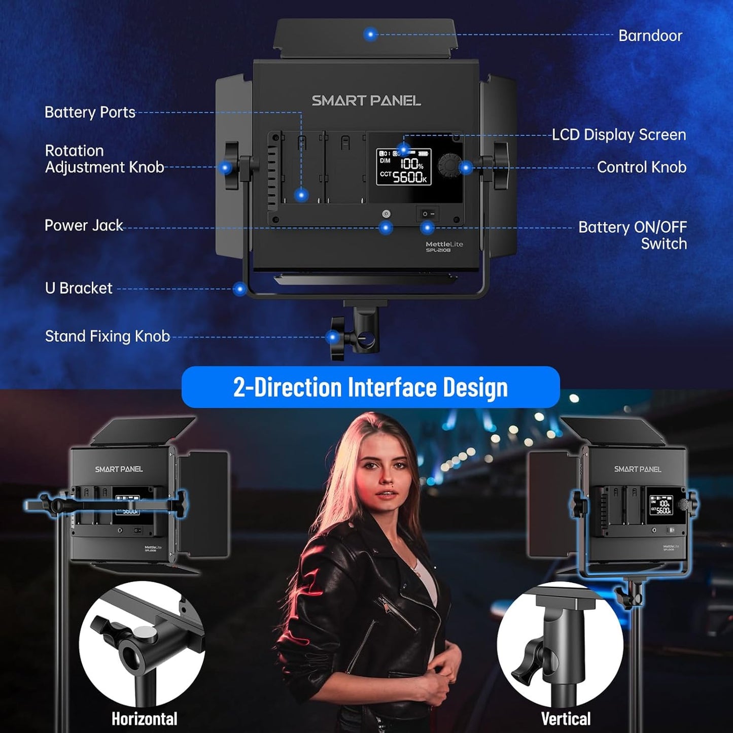 Mettlelite SPL210B Bi Color LED Video Light with APP Control, 3200K-5600K, CRI TLCI 96+, Dimmable Photography Studio Lighting with U Bracket, Barndoor and Carrying case, for Photography/Video/Stream