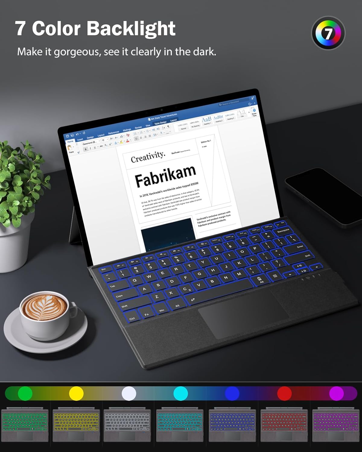 MoKo Microsoft Surface Pro 7/Pro 6/Surface Pro 5 (Pro 2017)/Pro 4/Pro 3 Type Cover, Ultra-Slim Wireless Bluetooth Keyboard with Trackpad, 7-Color LED Backlit, Built-in Rechargeable Battery, Gray