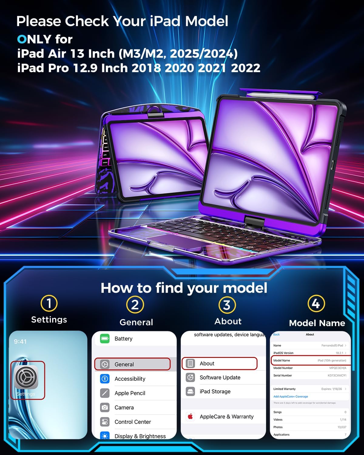 SIEBITU Clear Wireless Keyboard Case for iPad Air 13-inch (M3 2025/M2 2024) & iPad Pro 12.9-inch 6th 5th 4th 3rd Gen with Pencil Holder, Multi-Touch Trackpad & 7-Color Backlit, 360°Rotating, Purple