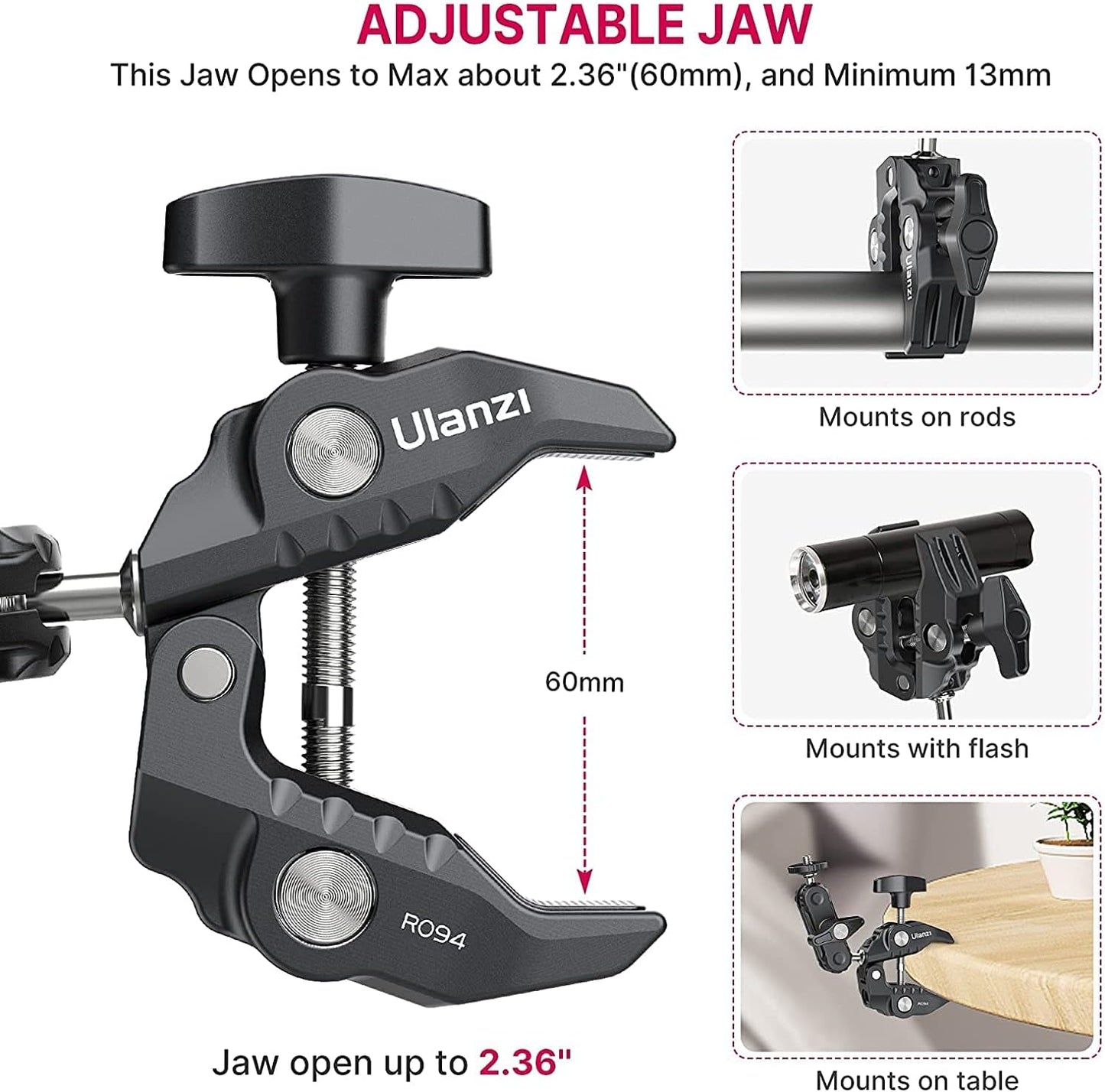 ULANZI Super Clamp Camera Clamp Mount Monitor 360° Ballhead Magic Arm Double Ball Head Adapter with 1/4"-20 & 3/8"-16 Thread ST-07 Phone Tripod Mount