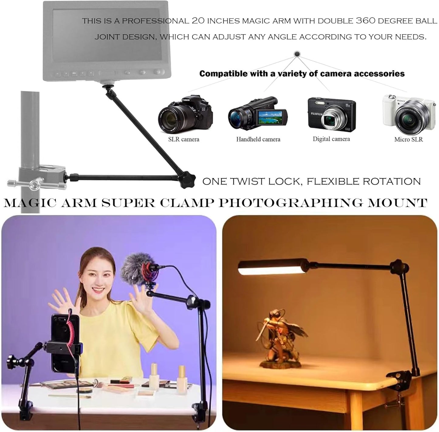 Camera Magic Arm articulating arm- 20 Inch Metal Adjustable Friction Articulated arm with Super Clamp/Phone Clip, for Various Action Camera/DSLR/LCD Monitor/LED Lights/Cell Phone