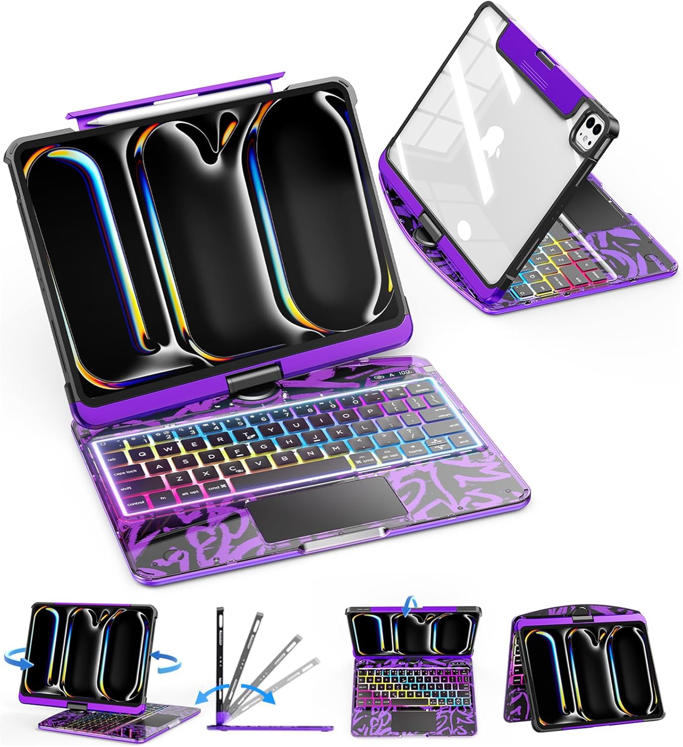 SIBEITU Keyboard Case for iPad Pro 11 Inch (M5 2025 / M4 2024), 360 Rotatable iPad Pro 11 Clear Cover with Multi-Touch Trackpad, 7-Color Backlight & 3 Brightness, High-Tech Visible PCB Design, Purple