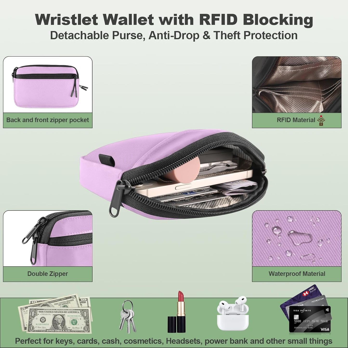 Clip and Go Strap for Phone with Wallet Crossbody, Adjustable Phone Lanyard with Detachable RFID Wristlet Wallet & Ultra-Thin 360° Rotatable Metal Tabs for All Smartphones (Purple)
