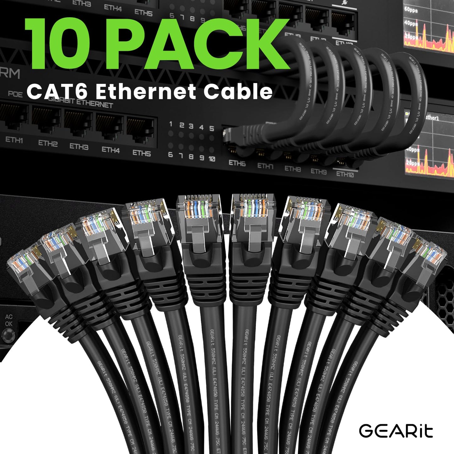 GEARit Cat 6 Ethernet Cable Pack - 10-Pack 15 ft Cat6 Ethernet Patch Cables | RJ45 Network Patch Cable, 10 Gbps Snagless Gold-Plated Connectors - Ethernet Cable Cat 6 for PC, TV, Router - Black