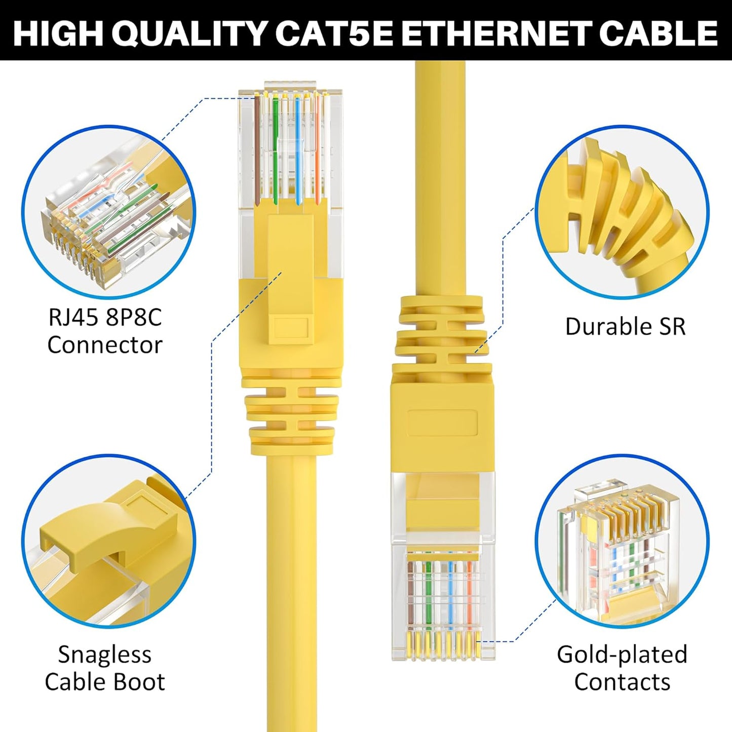 Cat5e Ethernet Cable 125 FT, Long Cat 5e Internet Cable, Yellow Snagless Patch Cord, Flexible, Network, LAN, PoE, Standard RJ45 Connector for PC, Server, Router, Modem, TV, PS5 - with 15 Cable Ties