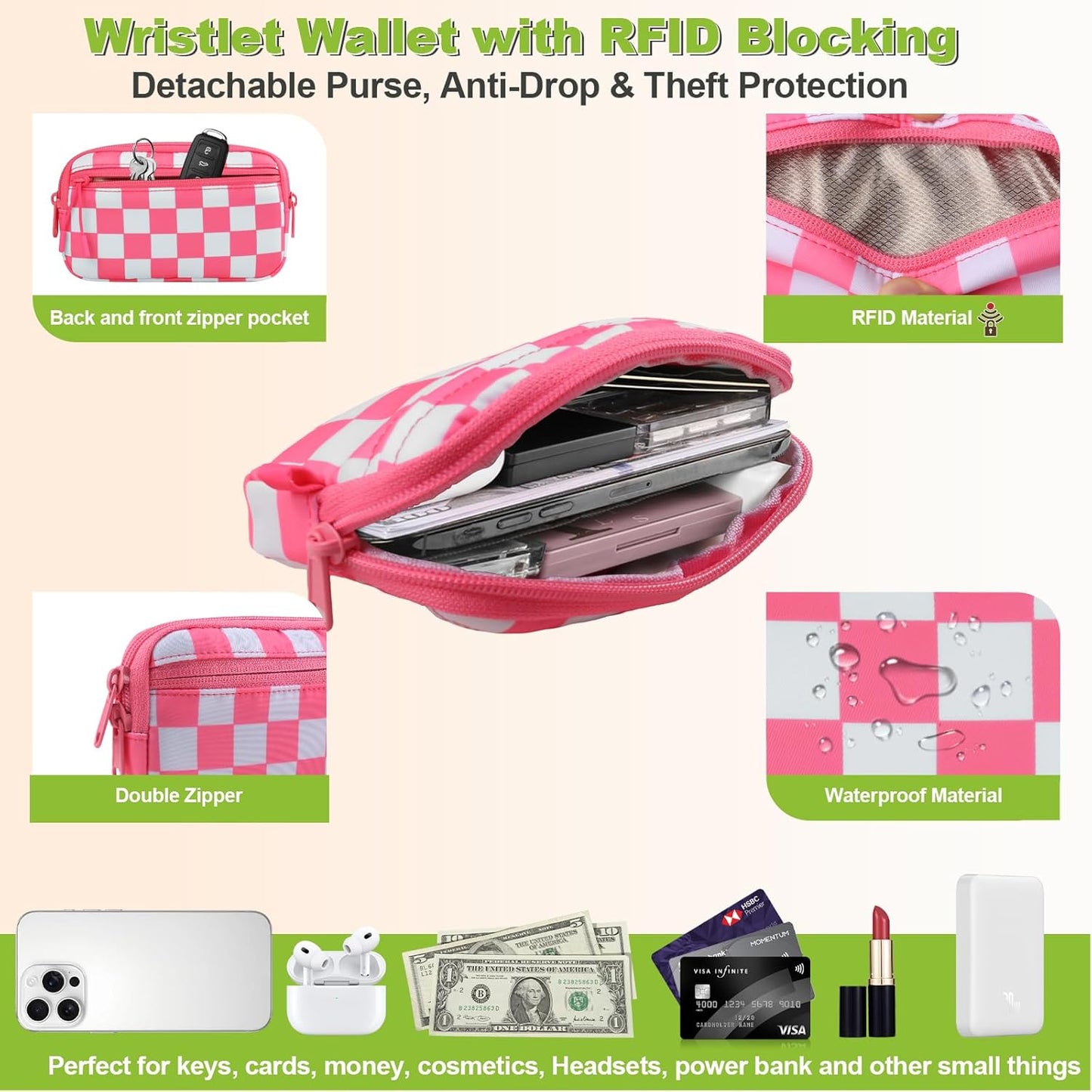 Clip and Go Strap for Phone with Wallet Crossbody, Adjustable Phone Lanyard with Detachable RFID Wristlet Wallet, Phone Strap with Phone Tabs for All Phones, Pink Checkered (L)