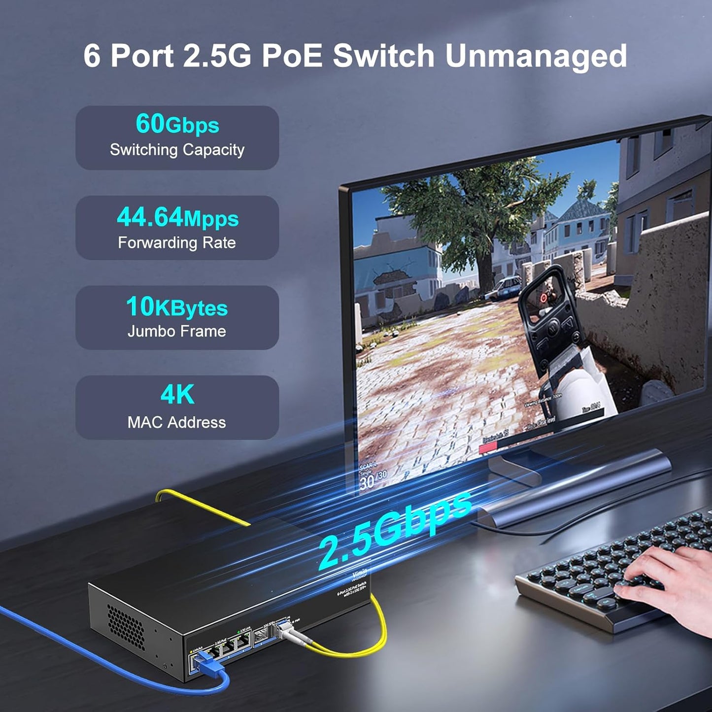6-Port 2.5G PoE Switch Unmanaged, 4X 2.5GBase-T PoE Ports, 2X 10Gbps SFP, 4 Port PoE Switch 60Gbps Switching Capacity, Support IEEE802.3af/at, Metal Housing, Fanless, Desktop/Wall Mount 2.5Gbe Switch