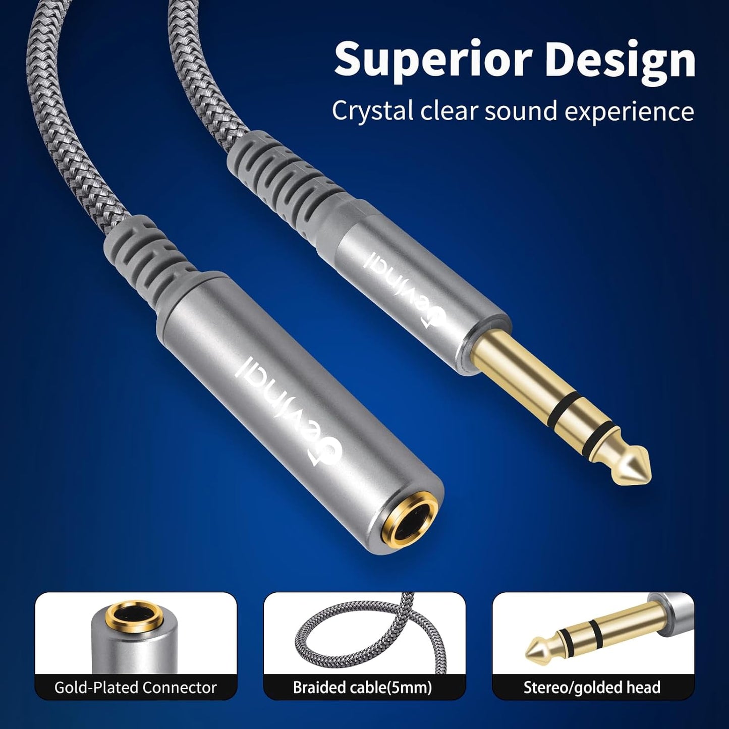 Devinal 1/4 inch Headphone Extension Cable, 6.35mm TRS Male to Female Stereo Cord, Quarter Inch Guitar Cable Extender, 20ft (6 Meters)