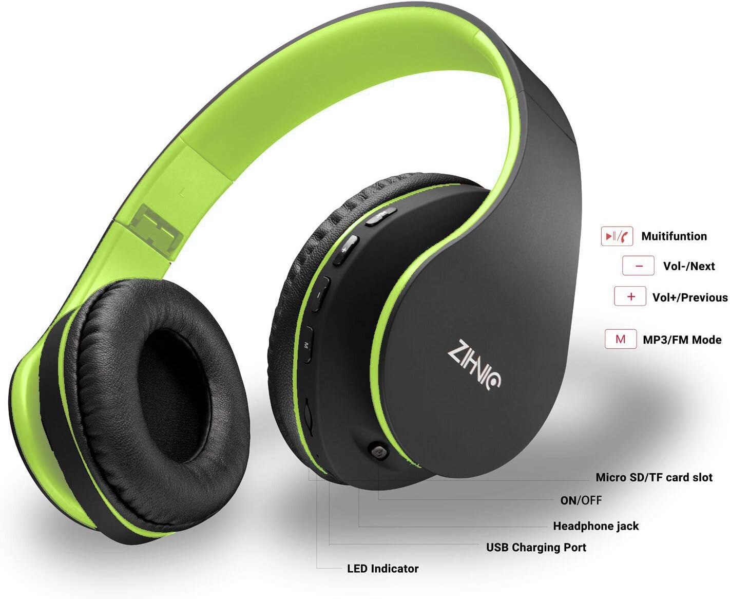 ZIHNIC Bluetooth Headphones Over-Ear, Foldable Wireless and Wired Stereo Headset Micro SD/TF, FM for Cell Phone,PC,Soft Earmuffs &Light Weight for Prolonged Wearing(Black/Green)