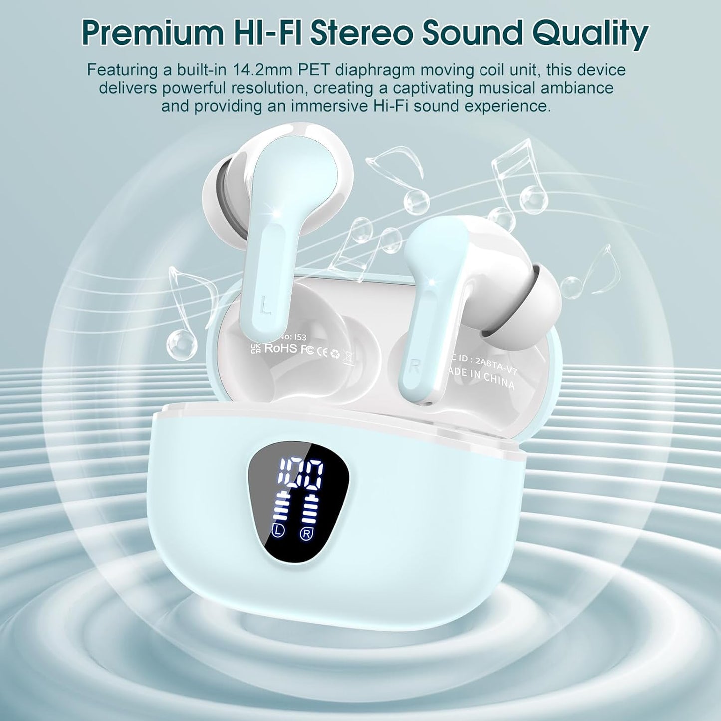 Wireless Earbuds, Bluetooth 5.4 Headphones HiFi Stereo, Bluetooth Earbuds with ENC Noise Cancelling Mic, IP7 Waterproof in Ear Earphones, 48H, LED Display Ear buds for Pad Workout Sports, Azure