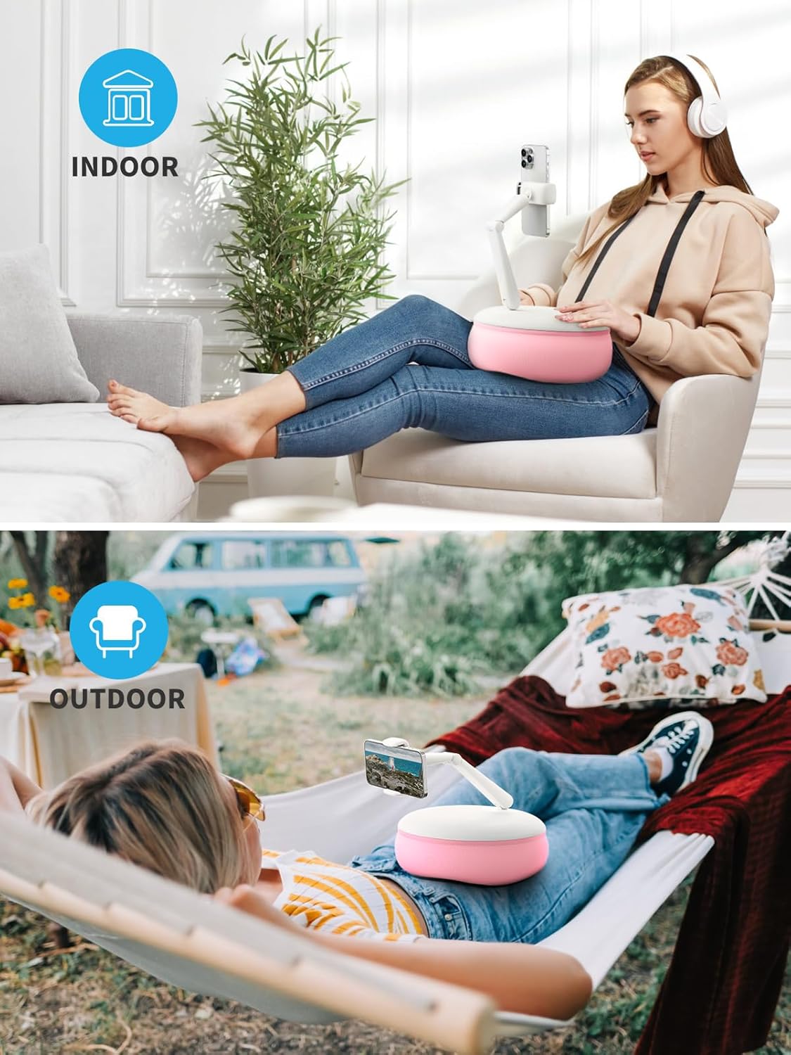 SAIJI Cell Phone Pillow Holder mini iPhone Stand for Bed, Upgraded mini Angle & Height Adjustable Phone Pillow Stand for Watching Video On Bed/Sofa/Lap, Fit for 4.7"-7.0" Device (Pink)