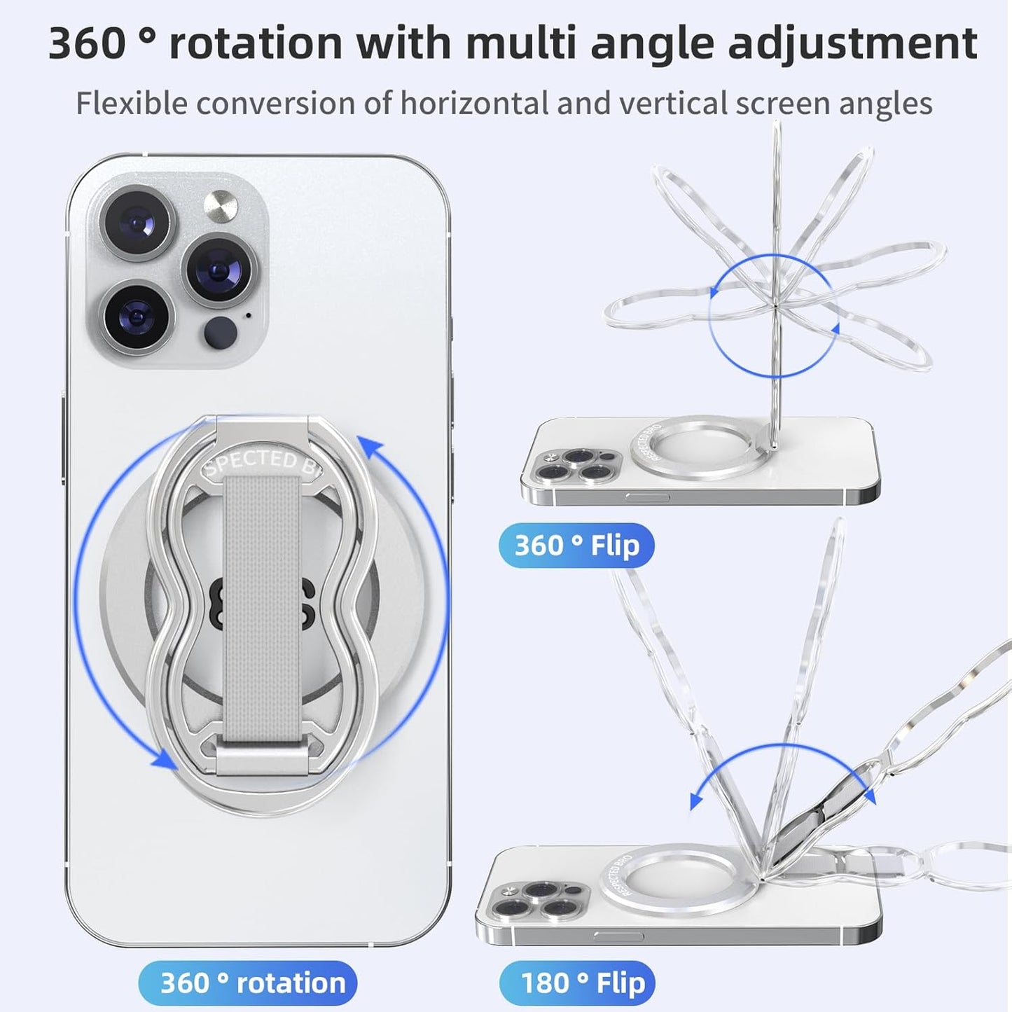RESPECTED-BRO-Magnetic-Phone-Grip-Stand-with-Finger-Strap, 4-in-1 Magnetic Ring Holder, Kickstand and Elastic Strap for Smartphones, Universal Fit for iPhone, Android, and Cases (Silver)