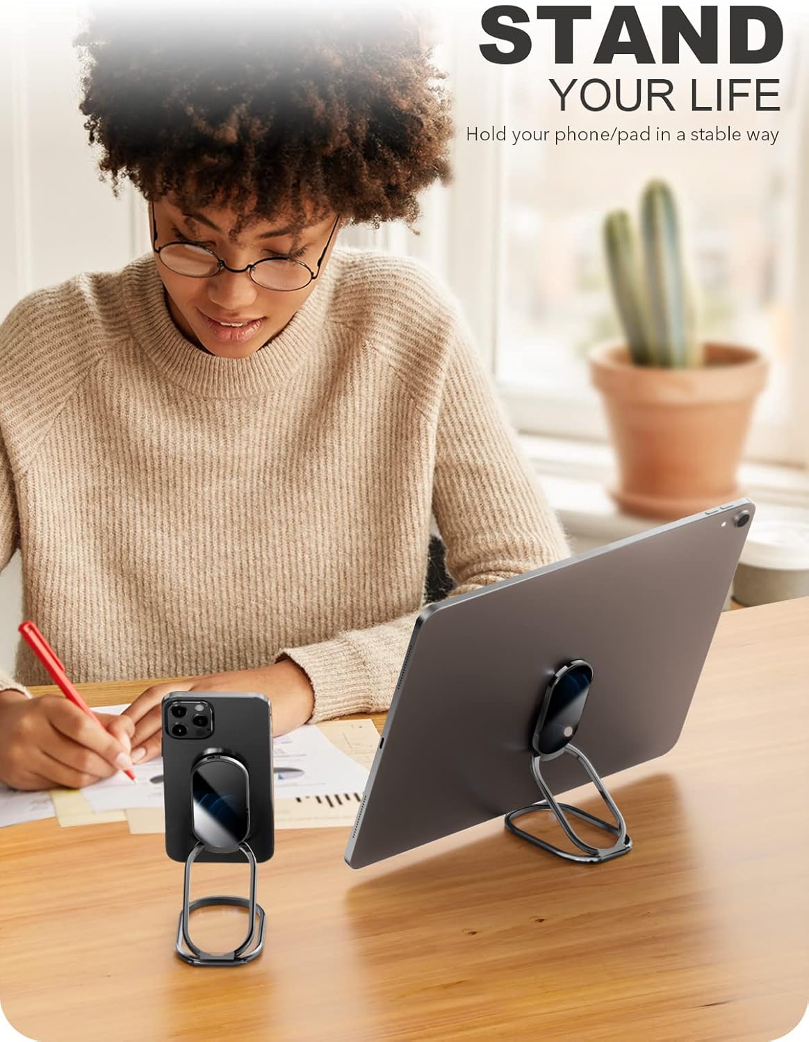 A-LuGei 𝗙𝗼𝗹𝗱𝗮𝗯𝗹𝗲 & 𝗔𝗱𝗷𝘂𝘀𝘁𝗮𝗯𝗹𝗲 Cell Phone Ring Holder Stand, Phone Kickstand for Desk, Cell Phone Holder for Hand, Ring for Back of iPhone, Metal Phone Grip for Magnetic Car Mount