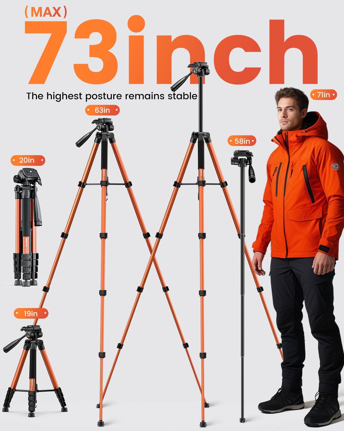 73" Camera Tripod and Monopod, Professional Aluminum Tripod Stand for Mirrorless Camera/DSLR/Cell Phone/Camcorder/GoPro, with Phone Holder and Travel Bag (Burnt Orange)