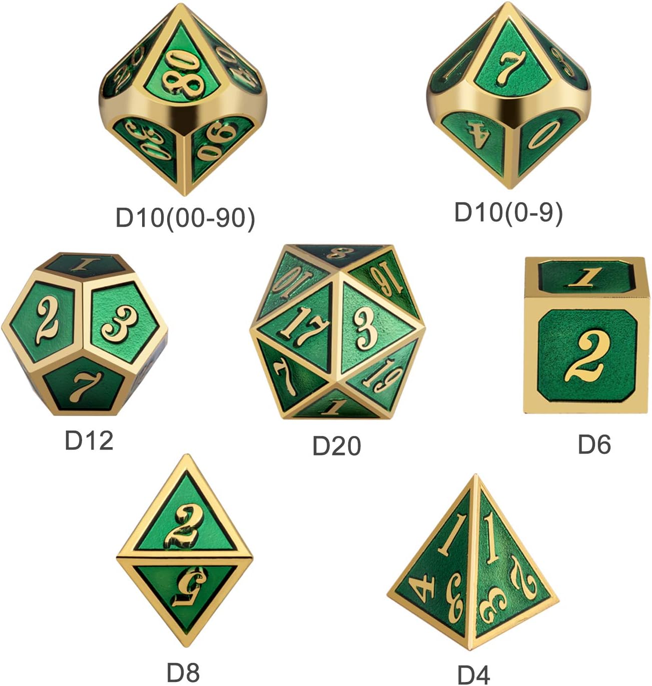 Metal Dice Set D&D, DNDND 7 Die Green DND Dice with Metal Case for Dungeons and Dragons Role Playing Game and Tabletop Games (Gold Number with Enamel Green)
