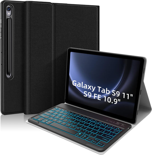Backlit Keyboard Case for Samsung Galaxy Tab S10 FE/S9 FE 5G 10.9"/ Tab S9 11", Smart Case with 7 Colors Backlight Detachable Wireless Keyboard Cover with S Pen Holder,Magnetic Detachable,Black