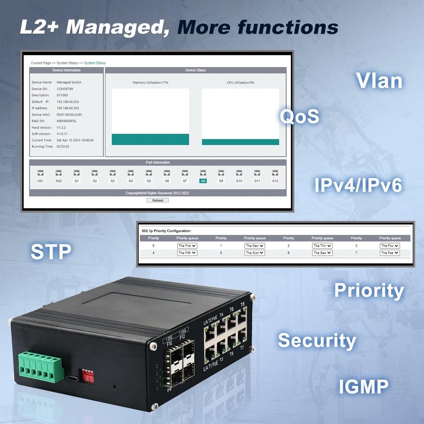 Industrial Managed 8-Port 10/100/1000Base-T PoE Switch with 4-Port 1000Base-X SFP, IEEE 802.3af/at 30W PoE Ethernet Switch, L2 Web Management Support Ring Network by USB-C Port Connection