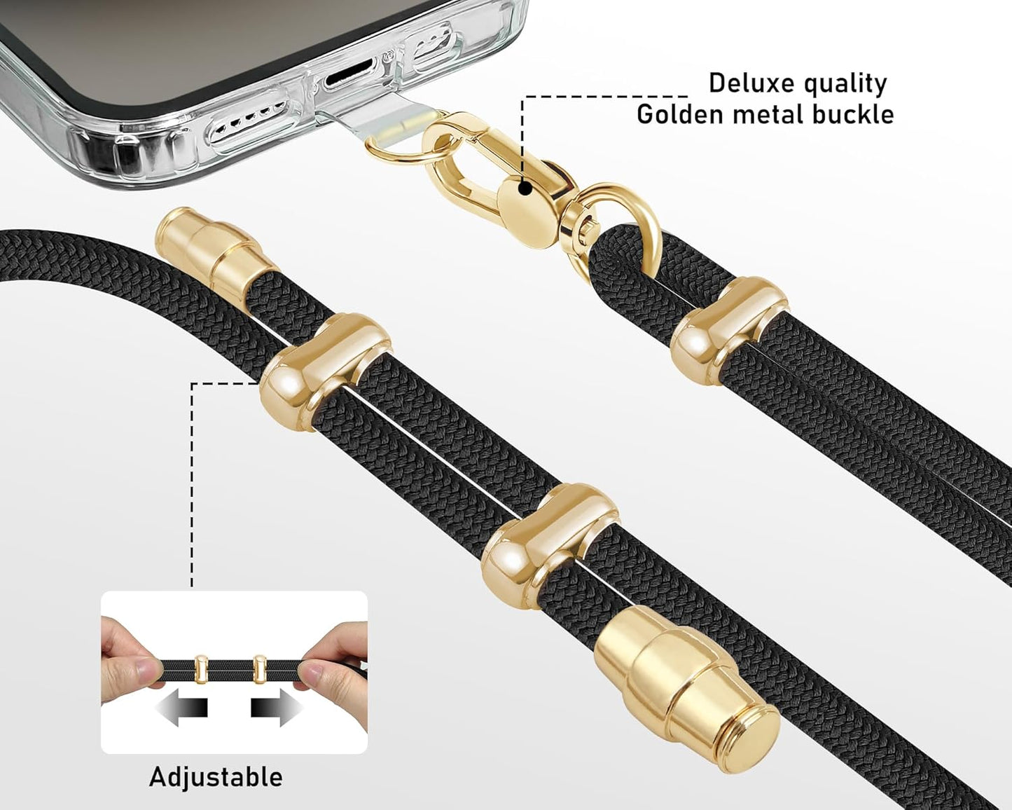 Cell Phone Lanyard Adjustable Crossbody Phone Lanyard *1 Phone Wrist Strap *1 with Deluxe Gold Matal Buckle + Clear Tether Tabs *2 for Shopping Travelling Hiking(BLACK)