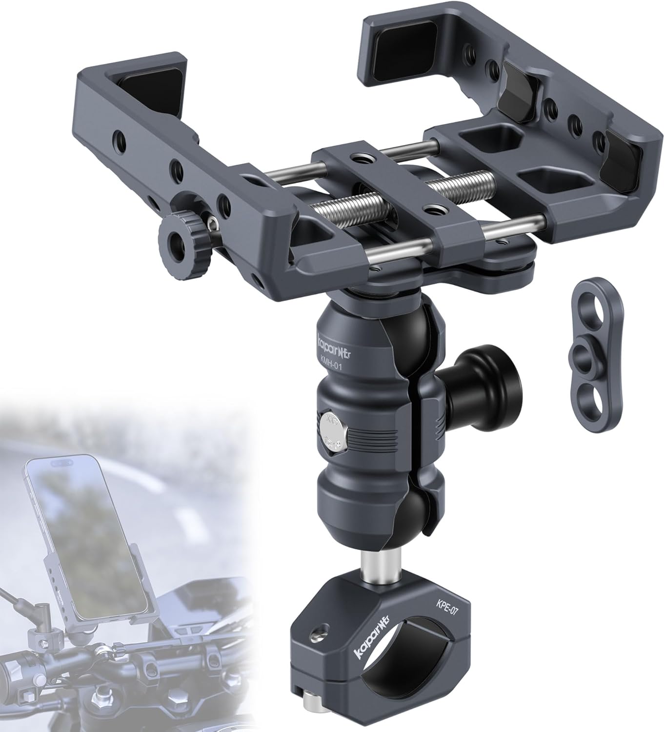Motorcycle Phone Mount Kit, Anti-Theft Dual Socket Arm, 360° Rotate Phone Clip and Aluminum Handlebar Clamp Mount U-Bolt Base for Bike/ATV/Scooter Handlebar for 5.5-7" Smartphone (KPS-19)