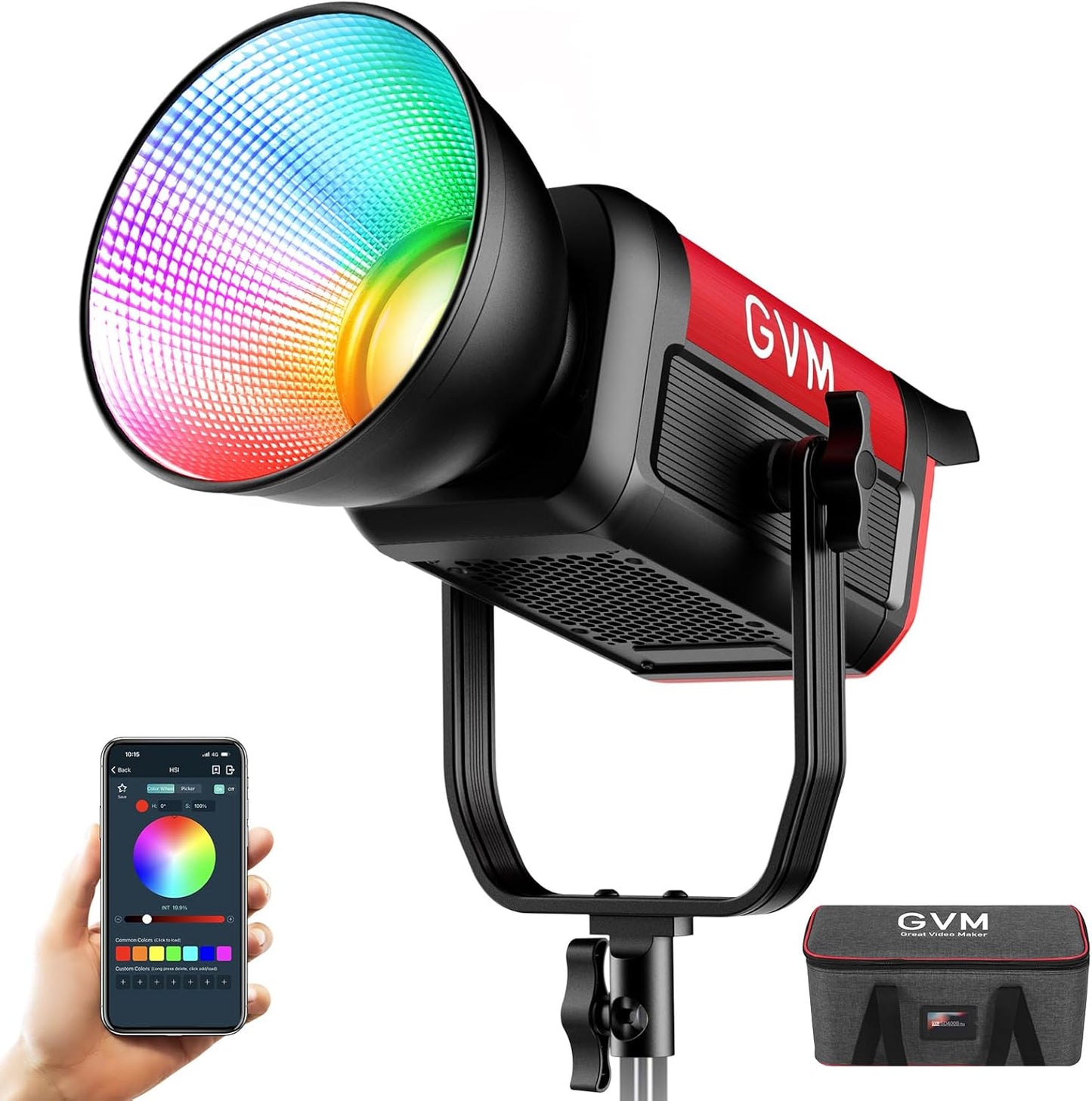 GVM 300C RGB Video Light, 300W Studio Light 2000K-10000K,48,200 Lux@ 1m with Reflector Photography Lighting with Bowens Mount & DMX Control, Studio Light for Film Recording,16 Lighting Effects
