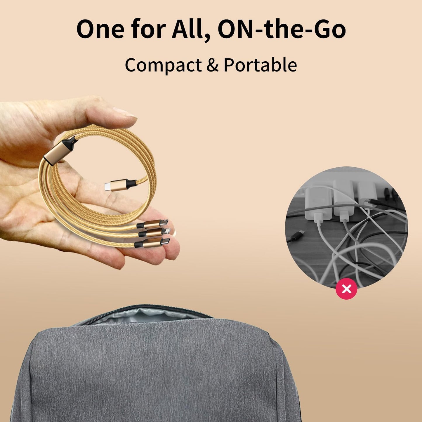 USB C Multi Charging Cable [2Pack 4FT], 3 in 1 Charging Cable Nylon Braided USB-C Multiple Charger Cord with Type-C, Micro USB and IP Port for Cell Phones and More (Golden)