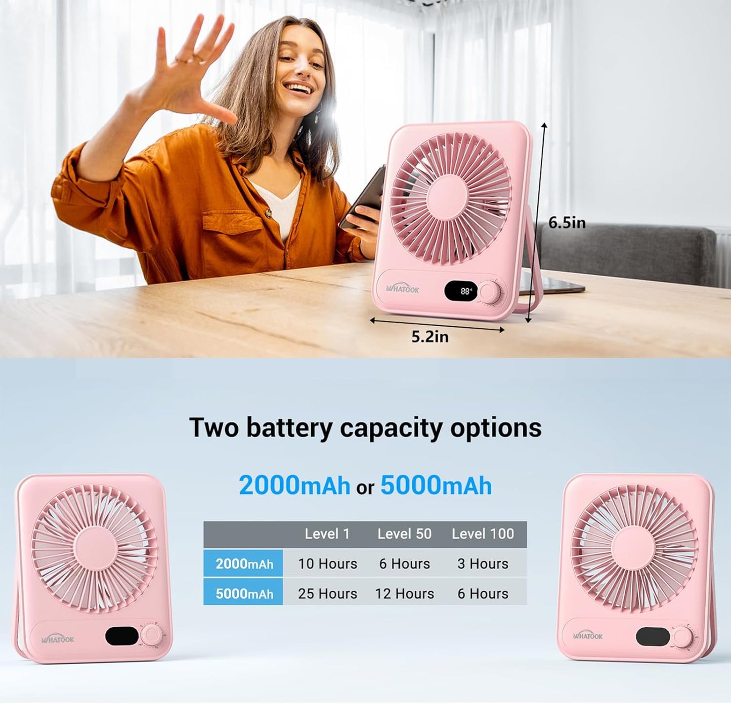 WHATOOK Small Desk Fan Personal Fans: 5000mah 25 Hours Battery Office Quiet Mini Desktop Fan Portable Rechargeable Travel Essentials (Pink, 5000)