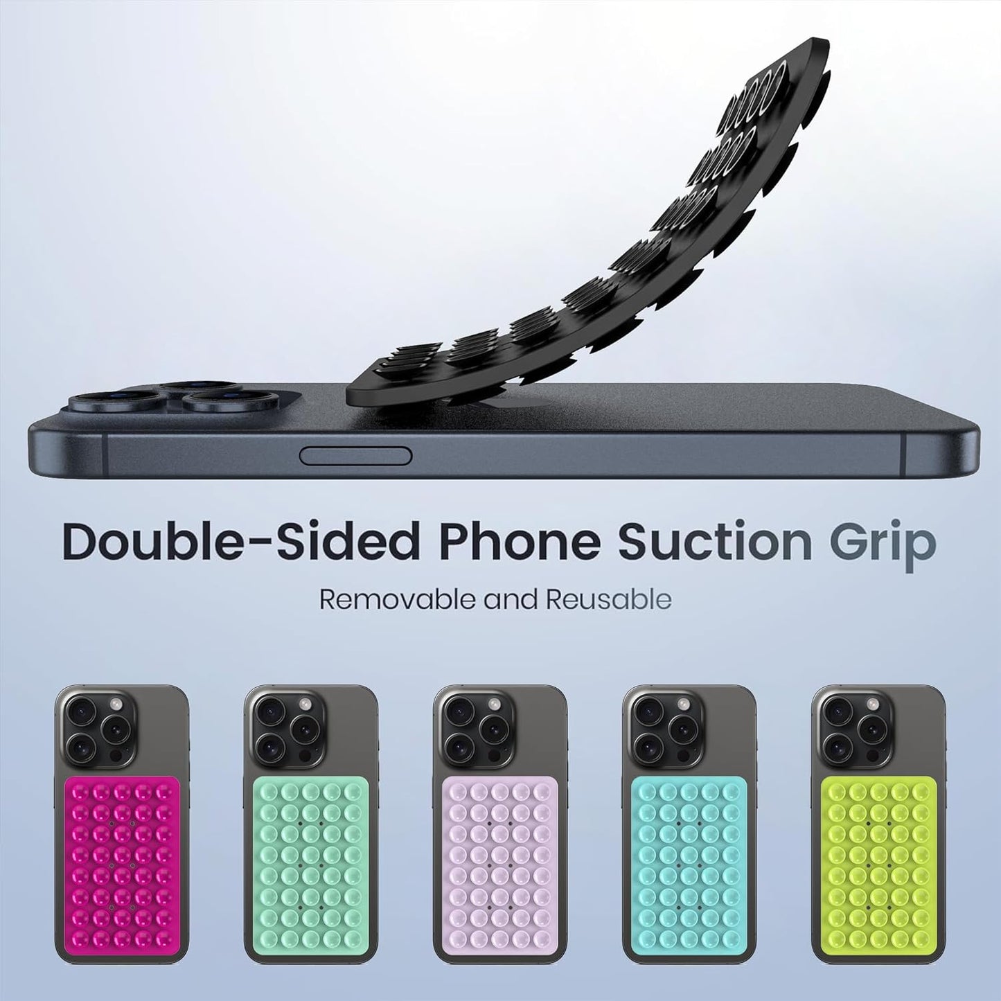 2PACK Silicone Double Sided Suction Phone Case Mount, Detachable Hands Free & Strong Grip Holder for Selfies & Videos, Compatible iPhone Android (Black, 2Pack 40 Suction Cups)