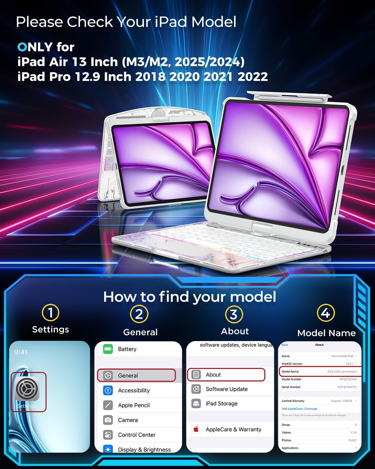 SIEBITU Clear Wireless Keyboard Case for iPad Air 13-inch (M3 2025/M2 2024) & iPad Pro 12.9-inch 6th 5th 4th 3rd Gen with Pencil Holder, Multi-Touch Trackpad & 7-Color Backlit, 360°Rotating, White