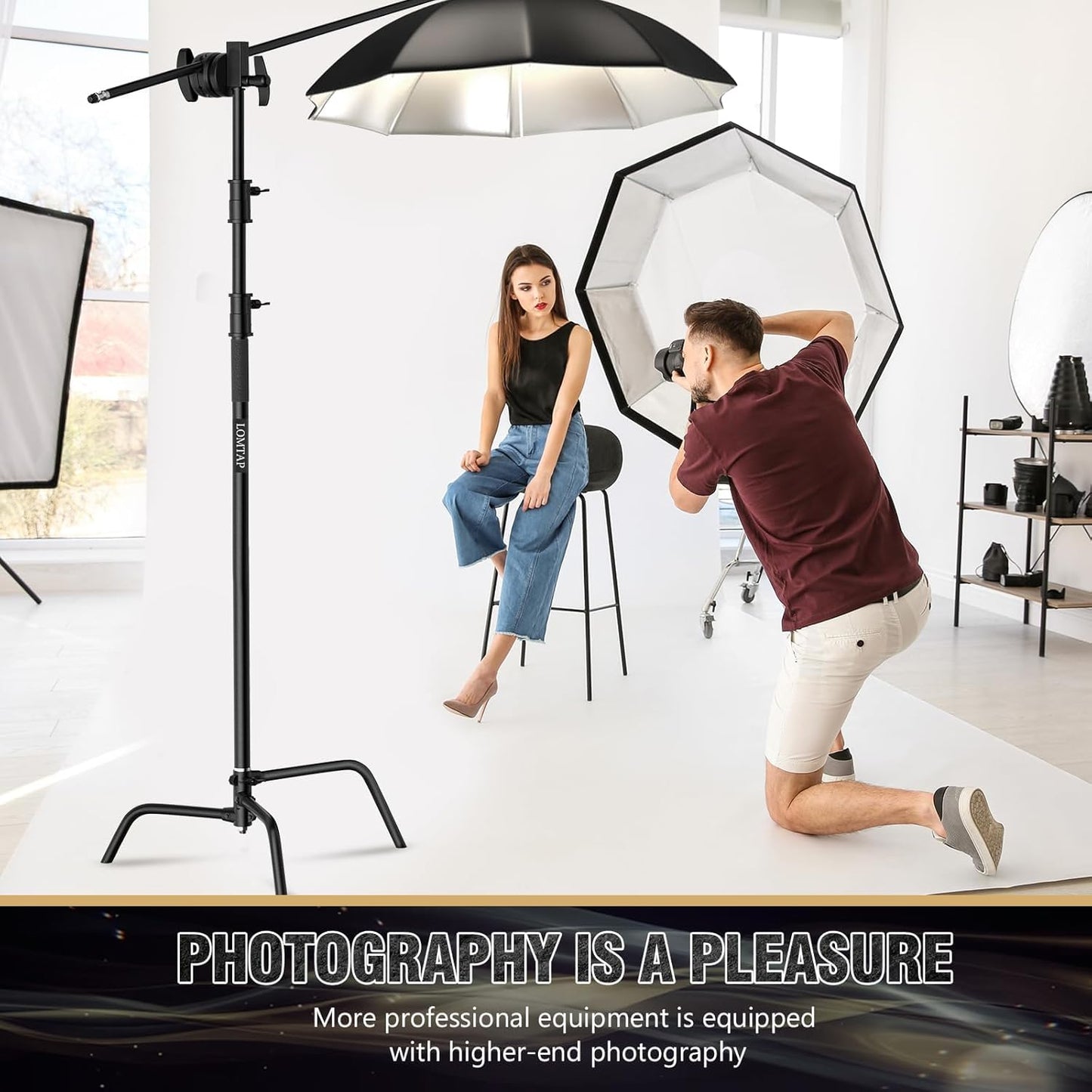 LOMTAP C Stand Light Stand Stainless Metal Photography Kit - Heavy Duty 6.8ft/210cm Vertical Pole, 2.8ft/87cm Boom Arm, Adjustable Base, Water Sandbag, 2 Grip Heads, 3 Clips for Softbox, Reflector