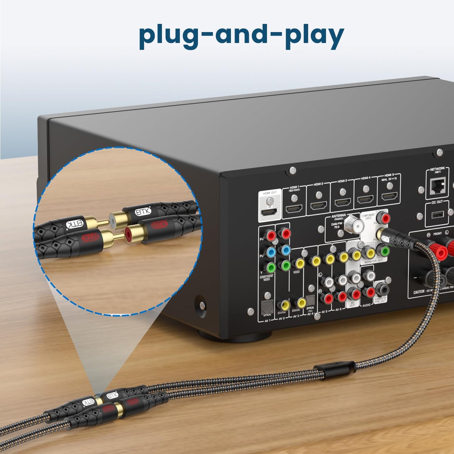 RCA Splitter Cable 1 Male to 2 Female Y Adapter with Copper Shell & 24K Gold-Plated Connector RCA Male to Dual RCA Female Extension Cord Black/1ft/0.3m