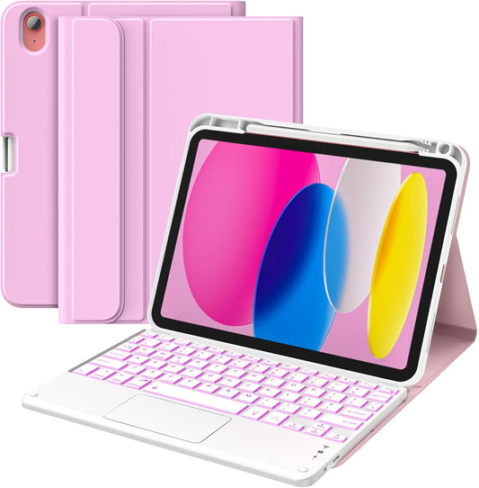 MoKo Touch Keyboard Case for iPad (A16) 11th Generation 11 inch 2025, iPad 10th Generation 10.9 inch Case with Pencil Holder, 7 Colors Backlit Multi-TrackPad Detachable Bluetooth Keyboard,Nosegay Pink