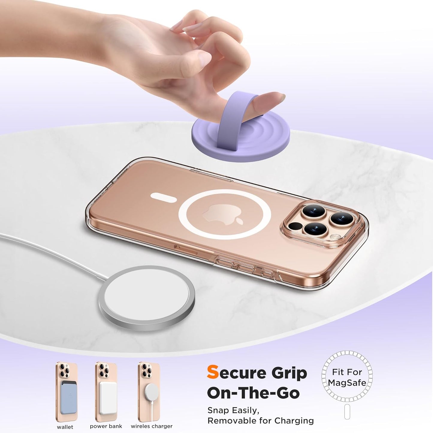 Magnetic Phone Ring Grip Holder, Silicone Finger Loop Grip, Compatible with MasSafe, Back of Phone for iPhone Pro Max/Plus/16/15/15/14/13/12 Series, Lilac Purple