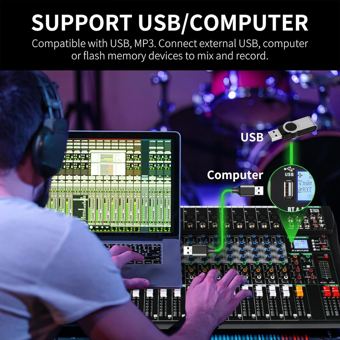 XTUGA 16 Channel Audio Mixer Sound Board Mixing Console, Audio Interface PC USB Bluetooth with 48V Phantom Digital Effect for DJ Live Recording Studio Karaoke(CT160)