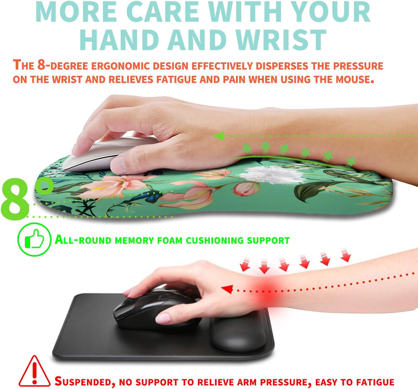 Ergonomic Mouse Pad Wrist Support with Memory Foam Massage Bulge, Carpal Tunnel Pain Relief Mousepad Wrist Rest for Mouse(12x8 inch, Pink Flowers)