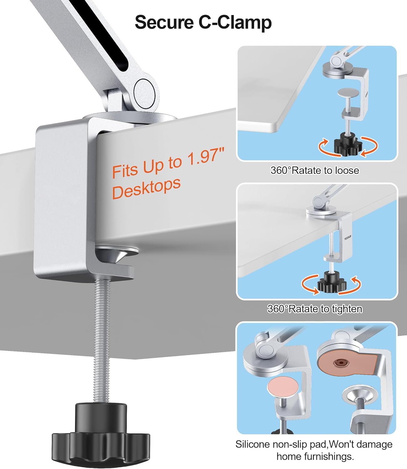 Tablet Arm Mount with Super Grip, Adjustable Foldable Holder & Heavy Duty Aluminum 360° Rotating Clamp for iPad, Phone, Monitor, Kindle - Universal for Desk, Bed, Kitchen - Silver