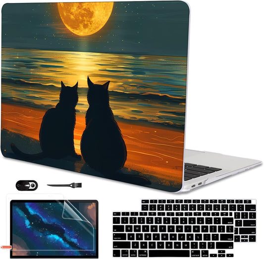 Compatible with MacBook Air 13 inch Case M1 A2337 A2179 A1932 2021 2020 2019 2018 Release with Retina Display & Touch ID, Printed Pattern Plastic Hard Shell Case Cover, Cat Watching Moon