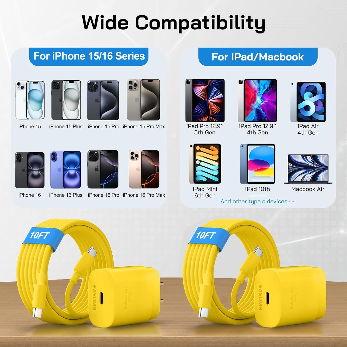 30W USB C i Phone 16 15 Charger Fast Charging, 2PACK Wall Charger for iPhone 16 15 Pro Max Charger Cord 10FT Fast Type C Charger Block for iPhone 16/16 Pro/15 Plus/15 Pro/15 Pro Max, iPad Pro, Yellow