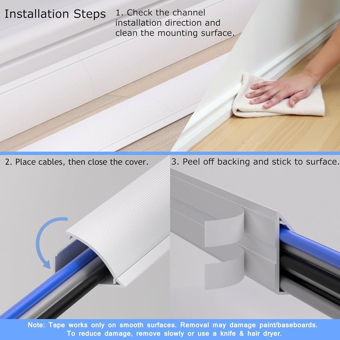 ZhiYo 68in Floor Cord Cover for Corner, Large Cord Hider for 3-5 Cords, Self-adhesives PVC Wire Hider for Baseboard/Floor/Wall Cable Management, White Cable Raceway, 0.8in x 1.8in, 4 x L17in