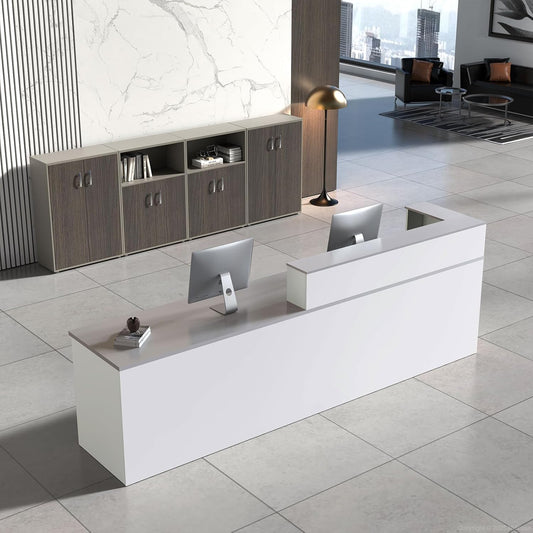 Reception Desk with Counter, Modern Front Desk Reception Counter with Keyboard Tray, Lockable Drawer and Storage Shelves for Office, Retail, Salon(White+Gray/Left, 63" L*24" W*39" H)