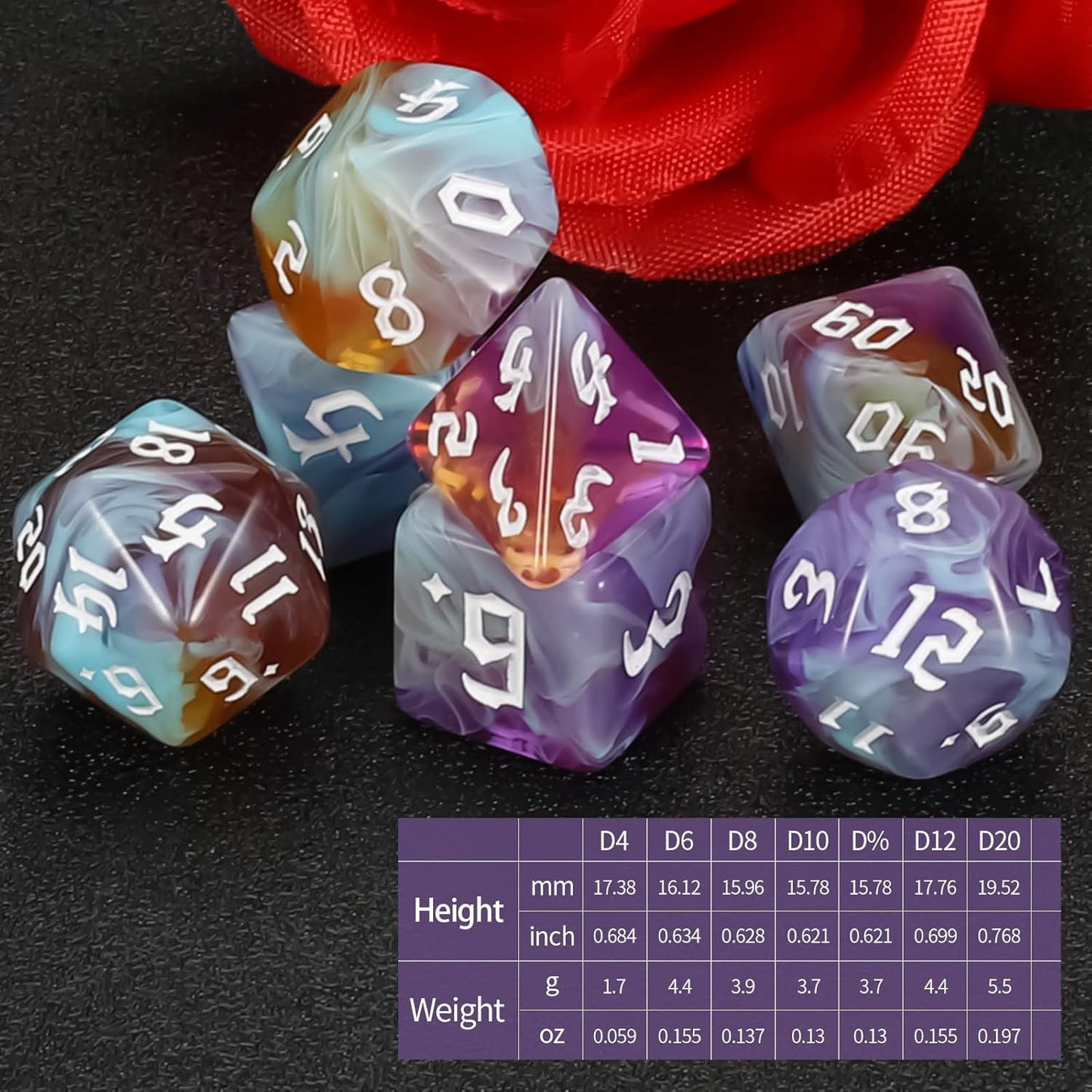 QMAY DND Dice Set -D&D Polyhedral Dice (7pcs) for Dungeons and Dragons (Water Blue and Purple)